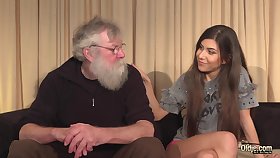 Horny, elderly man likes the way a frisky teen brunette is sucking and riding his weasel words